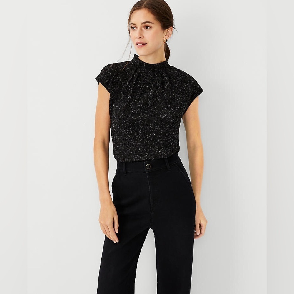 Ann Taylor Black Shimmer Pleated Mockneck NEW